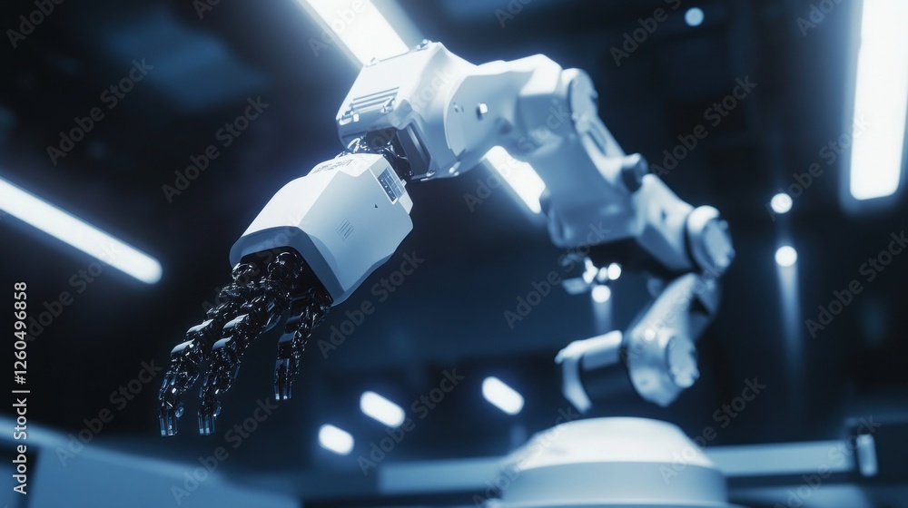 Poster advanced robotic arm in a modern industrial setting with futuristic design