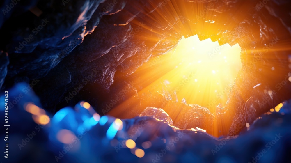 Poster a stunning view from within a cave, showcasing glimmering rocks and a bright light shining from the 