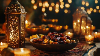 Gathered around a beautifully arranged table, friends and family savor an enticing iftar feast featuring dates, fruits, and candles that illuminate the evening