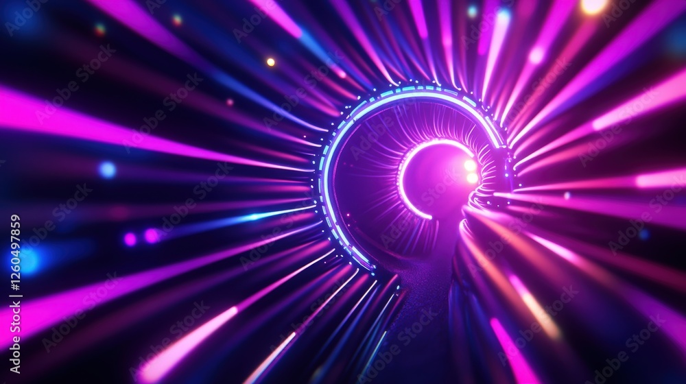 Poster a mesmerizing illustration showcasing vibrant light trails spiraling into a tunnel, creating a sense