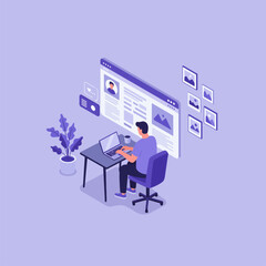 Man Working on Laptop Isometric Illustration for Website Content Management