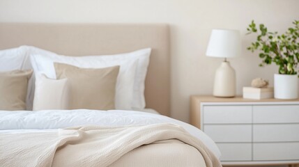 Cozy bedroom with neutral colors featuring soft bedding and natural decor elements