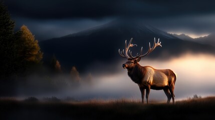 A majestic stag stands in a misty landscape at dawn, surrounded by mountains. The scene captures the beauty of nature and wildlife in a serene and captivating environment.