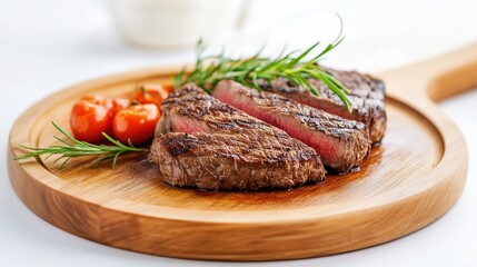 Grilled steak with rosemary and cherry tomatoes served on a wooden board in a bright kitchen setting