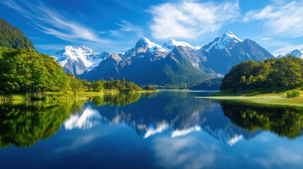 Fototapeta premium A breathtaking view of rugged mountains reflecting in a pristine lake under a vibrant blue sky, surrounded by lush green trees and serene nature, perfect for outdoor enthusiasts.