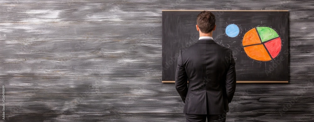 Poster a businessman analyzes a colorful pie chart on a chalkboard, symbolizing strategy and data interpret