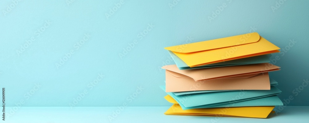 Poster a vibrant stack of colorful envelopes rests against a soft blue background, creating a cheerful and 