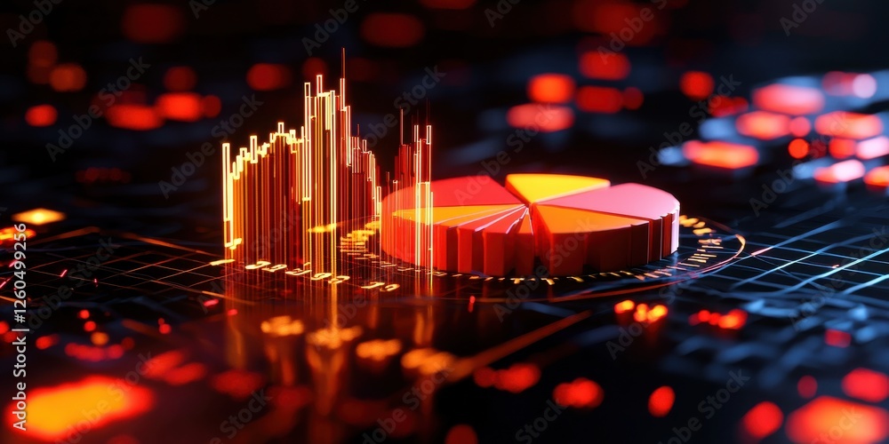 Poster a vibrant data visualization featuring pie charts and bar graphs against a dark background, showcasi