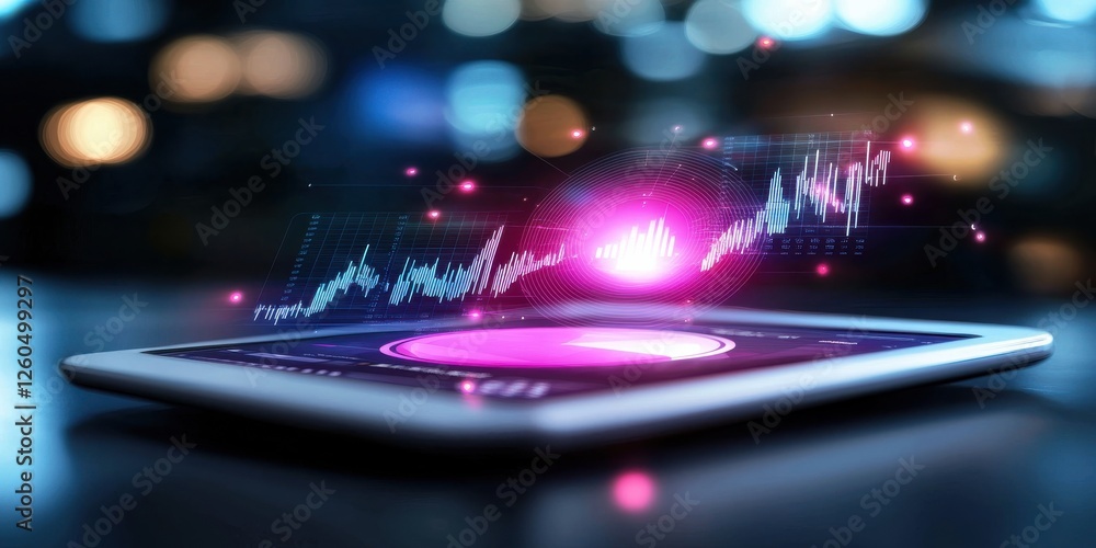 Poster a sleek tablet displays vibrant data visualizations with glowing elements, showcasing a modern, tech
