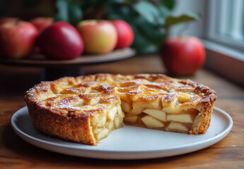 Freshly Baked Apple Pie Sliced on a Plate with Red Apples in Soft Natural Light Setting