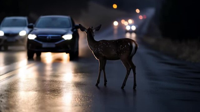 Deer crossing a wet road at night with blurred headlights of oncoming cars reflecting on the surface