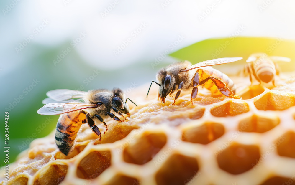 Poster bees collecting nectar from honeycomb, illuminated by soft morning rays, create serene and vibrant s