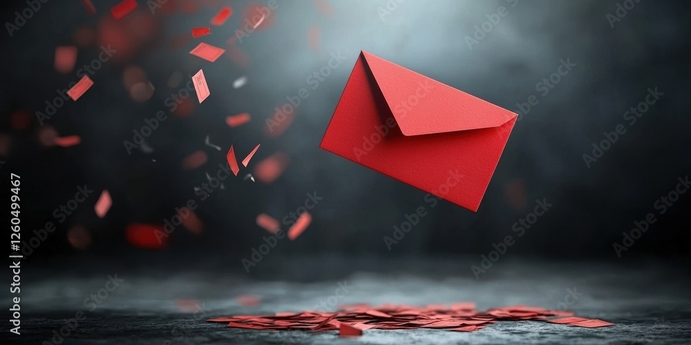 Poster a vibrant red envelope floats above scattered confetti, creating a dynamic and enchanting visual aga