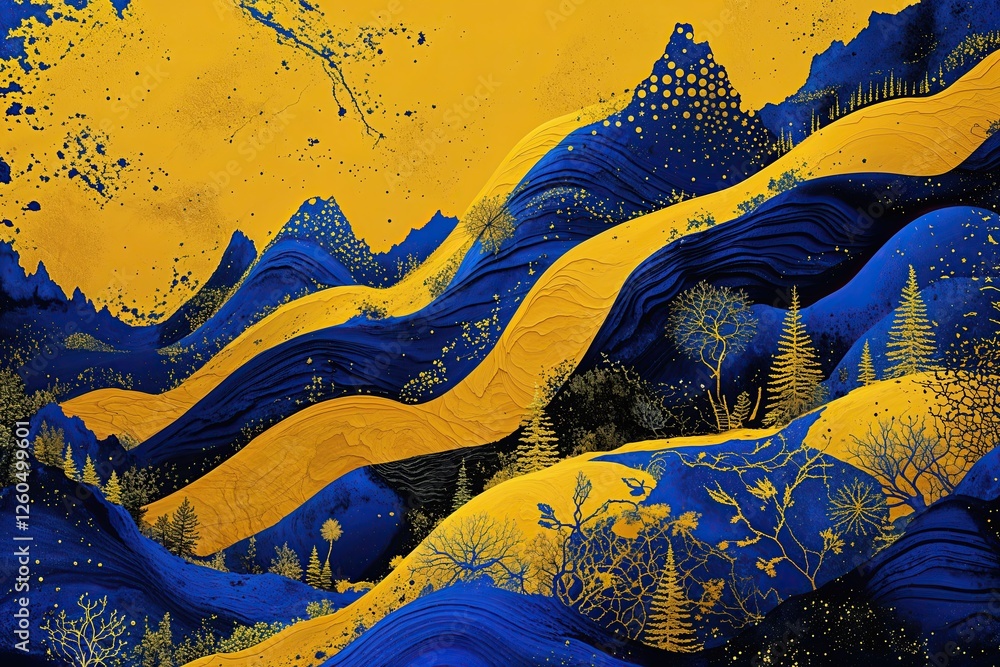 Poster vibrant yellow and rich blue textured landscape with intricate patterns and captivating visual eleme