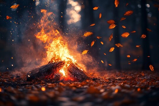 Autumn bonfire flames forest night - Powered by Adobe