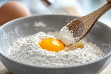 Egg and flour in grey bowl with wooden spoon: baking preparation insight