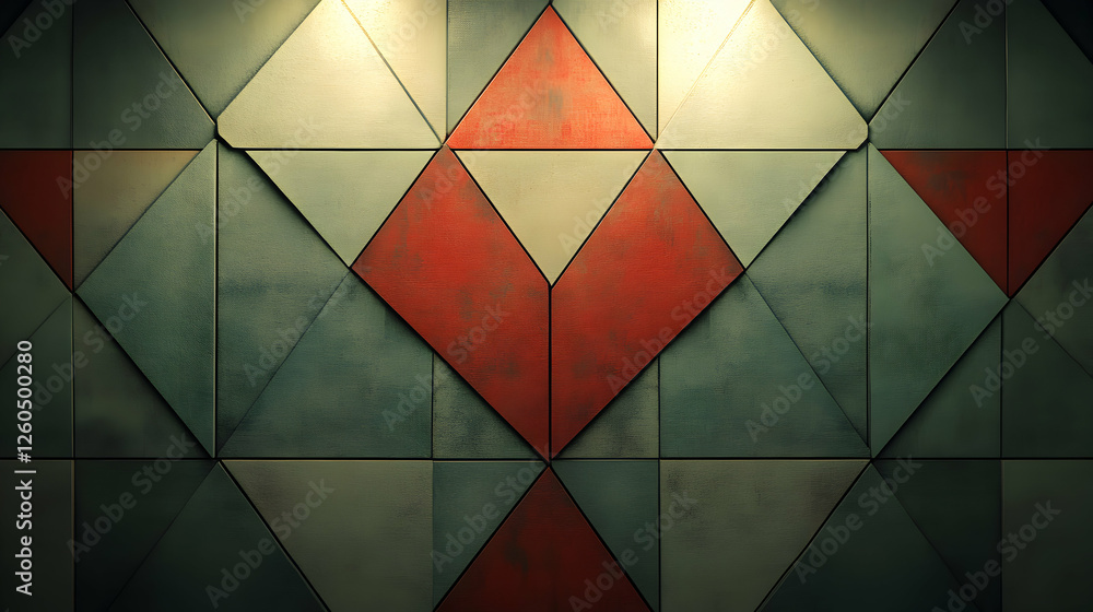 Poster abstract geometric wall texture with triangular patterns in muted red, green, and beige tones. ideal