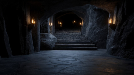 A dark cave with a stone staircase leading down