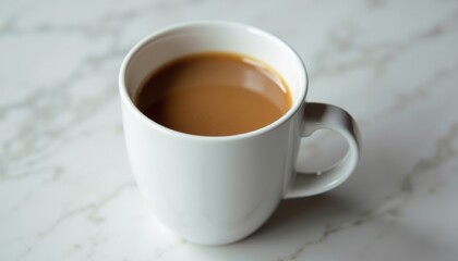 Simple white mug filled with hot coffee on marble countertop