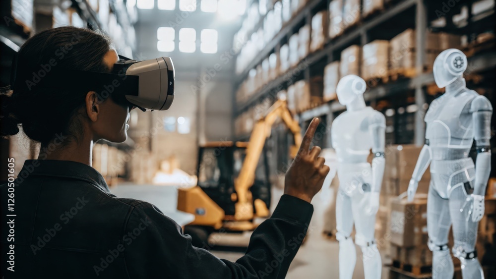 Poster a virtual reality headset user navigates through a simulated warehouse environment interacting with 