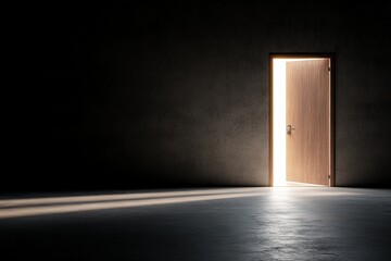 Dimly lit room with open wooden door and light stream on concrete floor