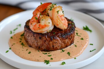 Grilled steak with shrimp and cream sauce garnished with parsley on a white plate