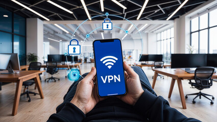 Safeguarding Digital Privacy: Secure VPN Connection via Smartphone in a Modern Workspace in the background, 