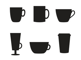 Collection of black shapes of tableware for soft drinks - cup, mug, glass, paper cup. Vector illustration isolated on white background