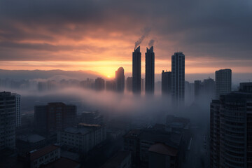 Naklejka premium The city skyline is shrouded in fog, with the sun setting in the background
