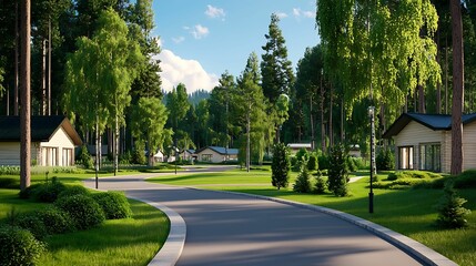 reforestation seedlings, evergreen. A serene neighborhood road lined with trees and modern houses, surrounded by lush greenery and a clear blue sky.