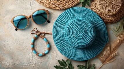 Stylish summer accessories featuring a blue straw hat, sunglasses, and handmade jewelry arranged on a textured surface