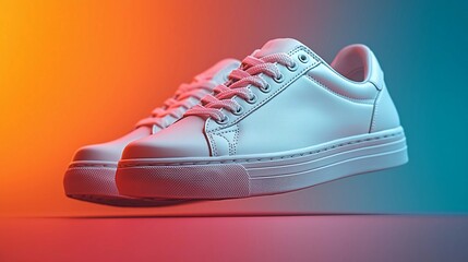 Stylish white sneakers floating against a vibrant gradient background during a creative product showcase