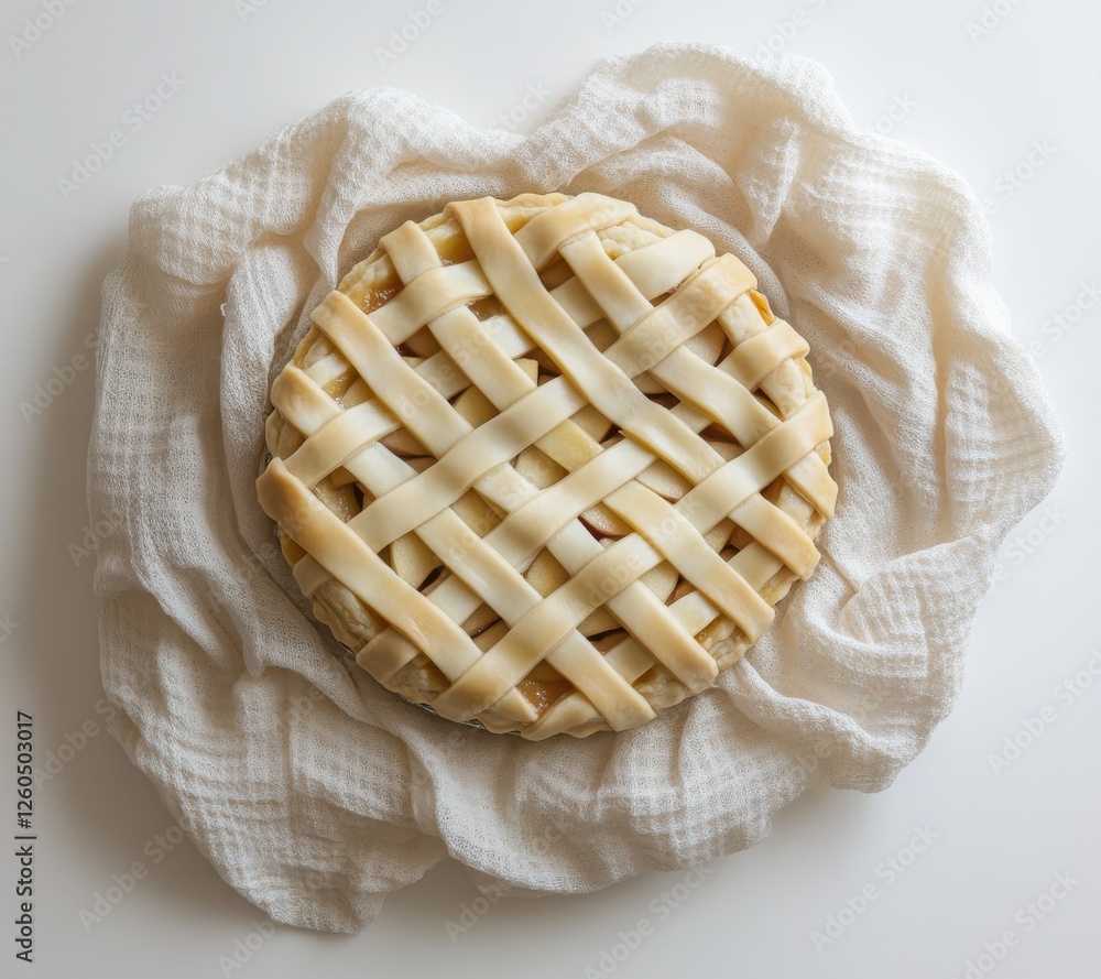 Poster freshly baked apple pie with lattice crust displayed on white fabric background for culinary and des