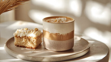 Coffee and cake on a plate bathed in light, showcasing a pleasant moment with a sweet treat and warm beverage.