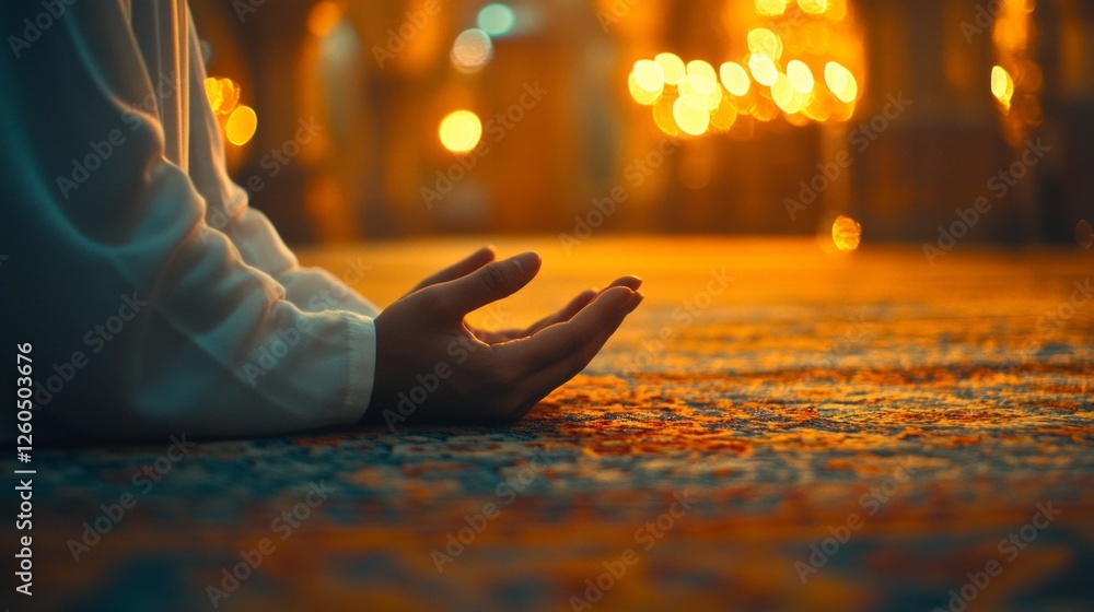 Poster Hands are open in a gesture of prayer, resting gently on a richly patterned carpet. The warm glow of lanterns illuminates the peaceful atmosphere, inviting reflection and serenity