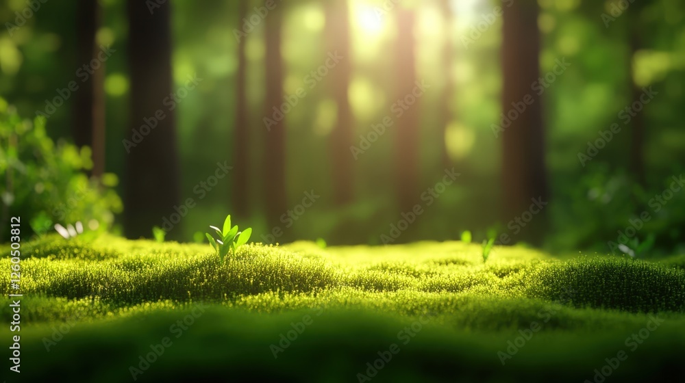 Poster a serene forest scene showcasing lush green moss and soft sunlight filtering through trees, creating
