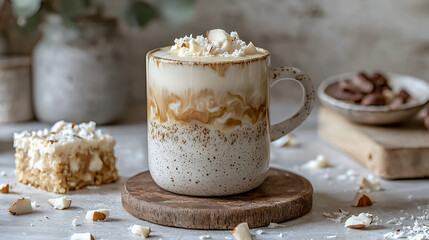 Cozy coffee drink topped with almonds and coconut, sitting on a wooden board with a cake on the side.
