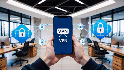 Safeguarding Digital Privacy: Secure VPN Connection via Smartphone in a Modern Workspace in the background, 