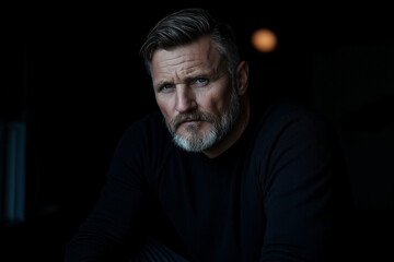A man with a beard and gray hair is sitting in a dark room