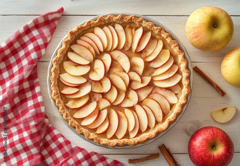 Poster freshly baked apple pie with sliced apples and cinnamon sticks on rustic wooden table with red check