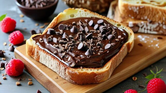 A tempting slice of toast topped with rich chocolate spread and fresh strawberries, showcasing a cozy and indulgent breakfast scene.