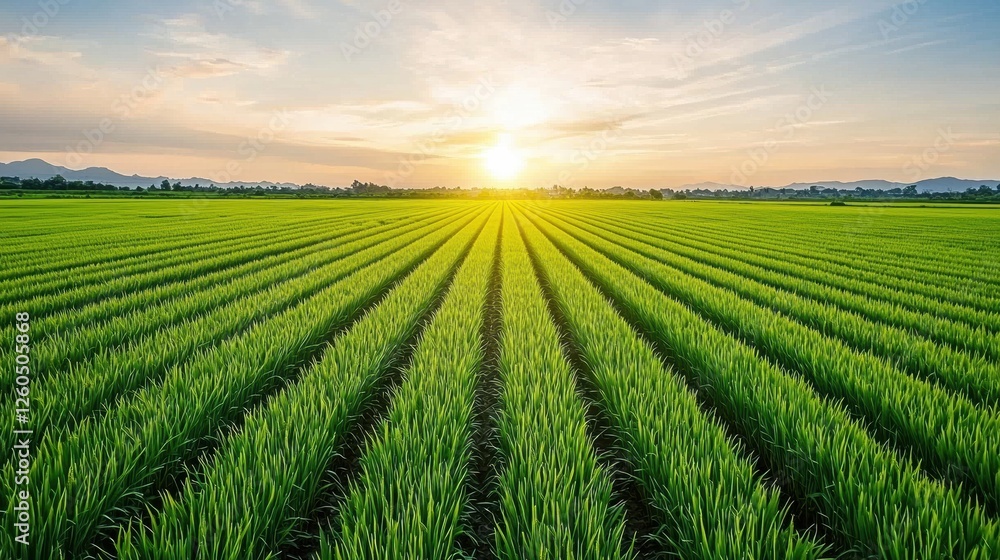 Poster sunlight shining through clouds onto a green rice field at sunset, creating lines and rows in the gr