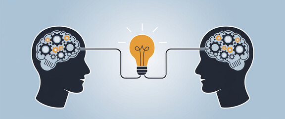 A creative design featuring two human profiles connected by gears and light bulbs, symbolizing the exchange of ideas, innovation, and collaboration.