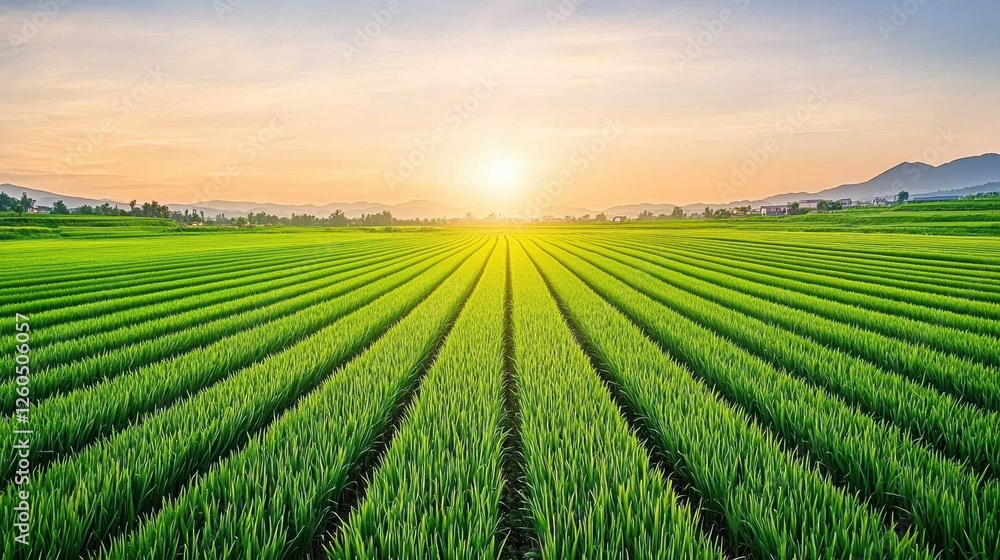 Poster wide-angle view of vibrant green rice fields at sunset, with long shadows stretching across rows of 
