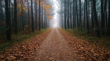 Obraz premium Misty forest path with scattered fallen leaves, creating a somber and quiet atmosphere