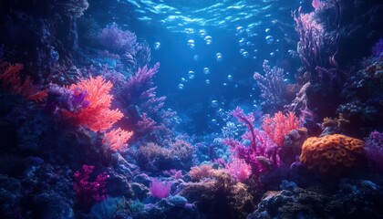 Fototapeta premium Underwater landscape displays vibrant corals with sunlight and bubbles