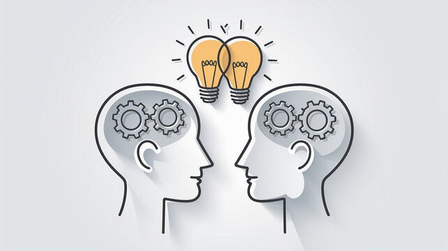 A minimalist illustration depicting two human profiles with gears inside their heads, connected by a glowing light bulb, symbolizing shared creativity and collaboration.