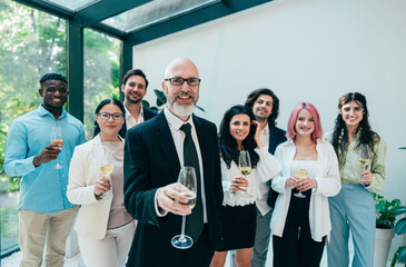 Businessmen and businesswomen making a corporate party after the business conference to celebrate...