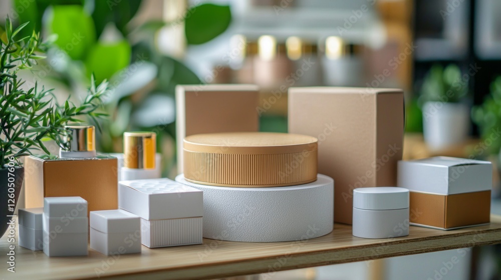 Poster display of beautifully crafted cosmetics packaging in a stylish workspace. various shapes and sizes 