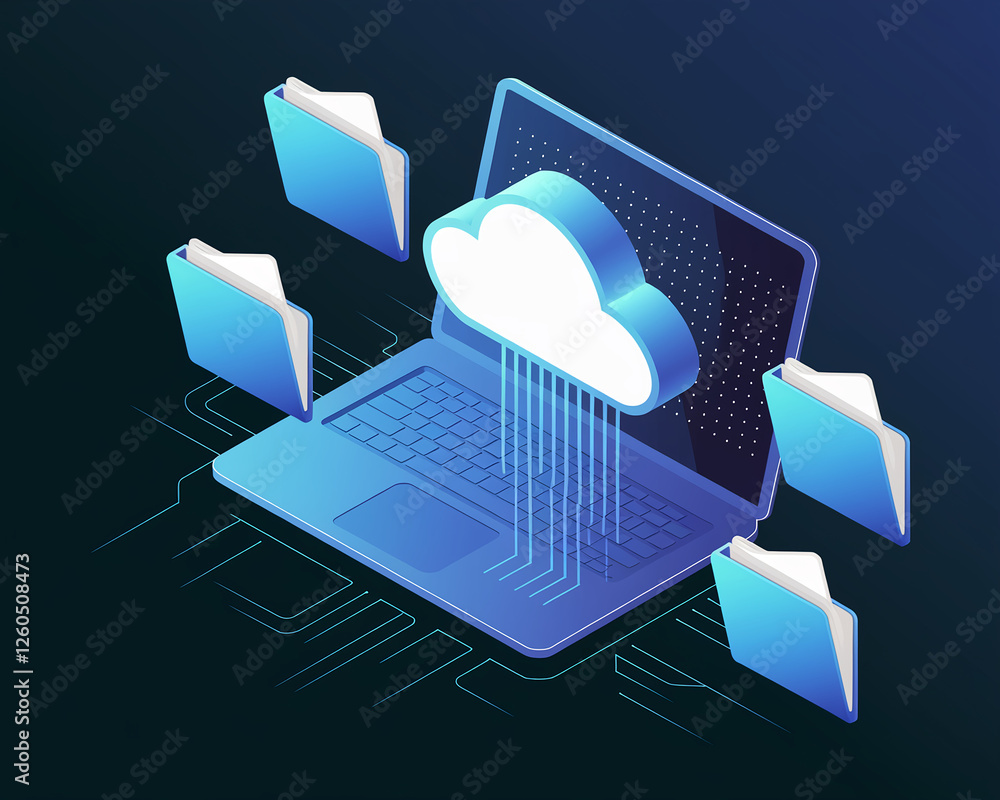 Poster cloud storage concept with digital data transfer. a laptop displaying cloud network uploading data f